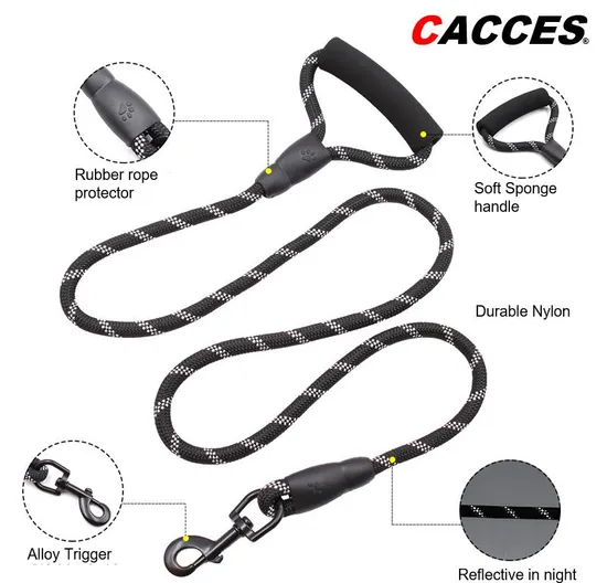 Cacces 5FT Training Lead for Dogs Durable Nylon Training Lead Leash Soft Slip Lead Traction Rope for Dogs 150 Cm PT122L Soft Padded Handle Strong Dog Lead 