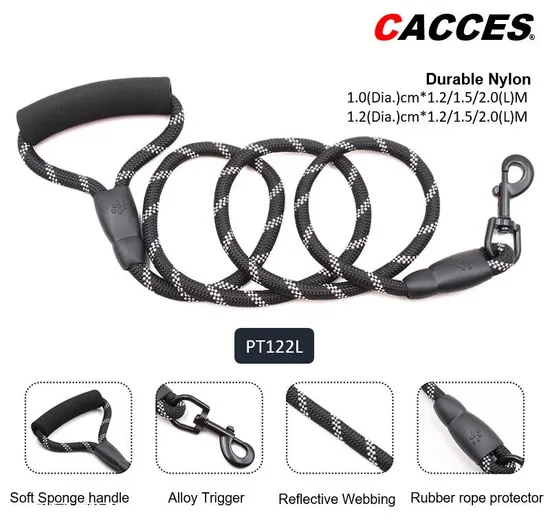Cacces Dog Lead with Soft Padded Handle Reflective Threads Rope Dog Leads 5 FT Strong Heavy Duty Dog Lead Leash for Small Medium Large Dogs PT122L 